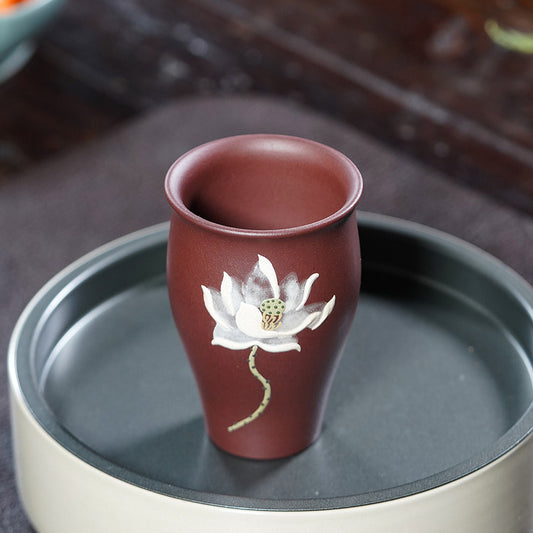 壶芝宴宜兴紫砂杯原矿紫泥泥绘荷花主人杯闻香杯功夫茶杯品茗杯