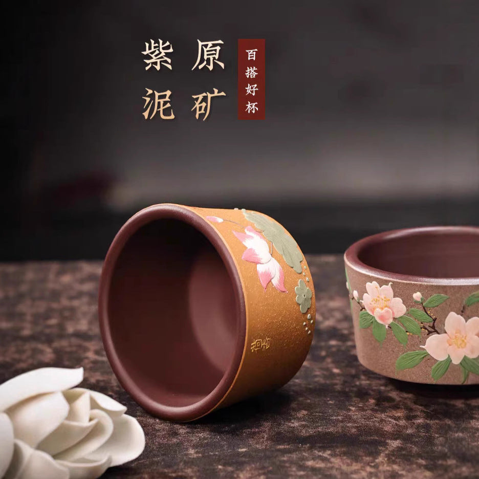 宜兴紫砂荷花对杯全手工泥绘原矿紫砂情侣杯粉浆礼盒套装国风礼物