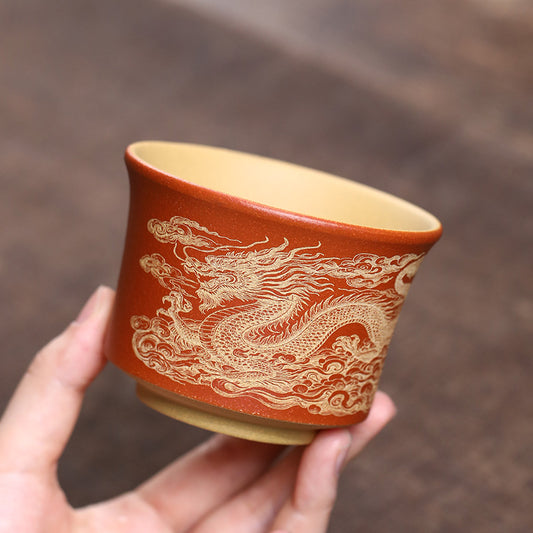 正品段泥粉浆降坡泥主人杯刻绘龙虎紫砂杯高端手工功夫茶杯单杯