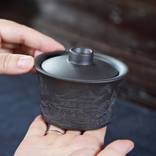 正宗宜兴紫砂杯茶杯杯子盖杯纯手工石黄刻绘盖碗高档礼品