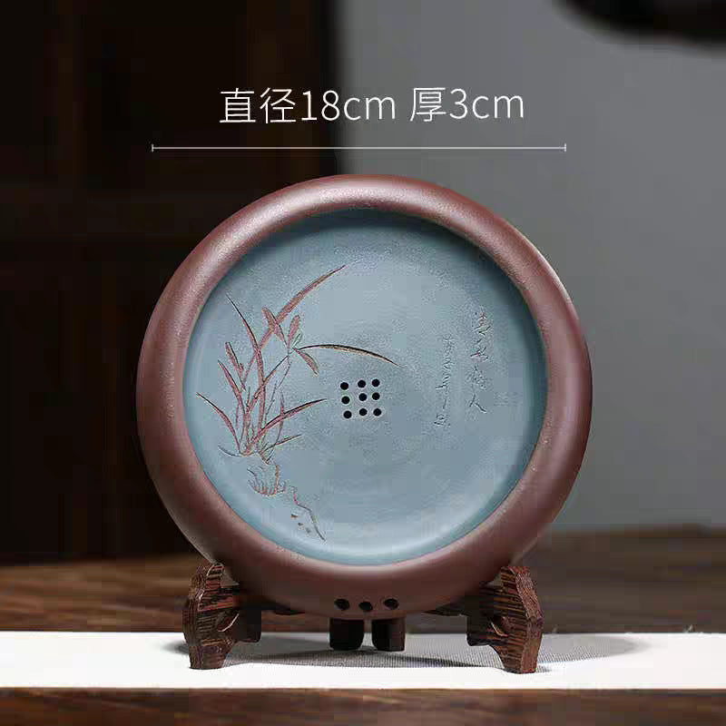 宜兴紫砂干泡台盘茶台直径18CM家用茶道壶承手工储水式小茶盘茶具精品壶托
