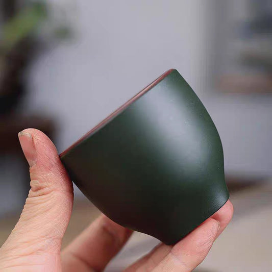宜兴紫砂杯堆绘鹿寿松针小鹿主人杯紫泥双色粉浆墨绿泥茶杯150CC