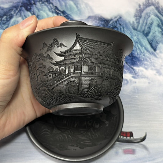 三才盖碗纯手工浮雕刻绘烟雨入江南石黄盖碗江南水乡房屋200毫升