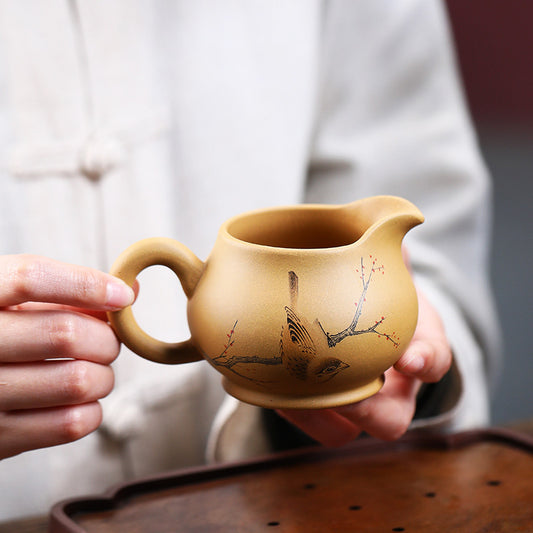 批发宜兴紫砂公道杯分茶器功夫茶具原矿黄金段泥小鸟喜鹊喜上眉梢
