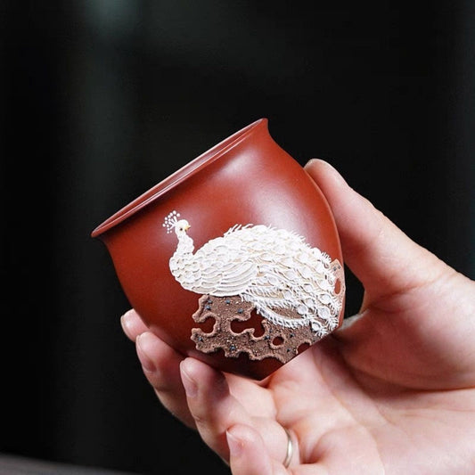 宜兴紫砂原矿大红袍天圆地方全手工堆绘孔雀功夫茶具个人品茗杯