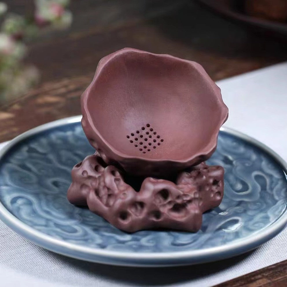 宜兴紫砂茶漏泡茶茶具配件茶叶过滤器茶隔创意手工茶滤一体茶漏架