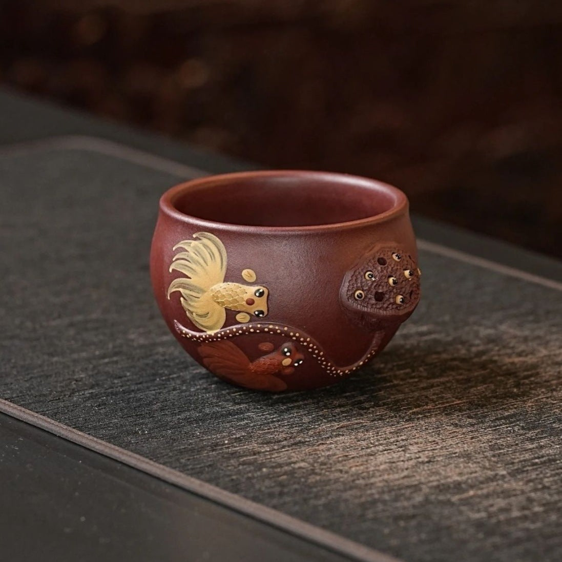 宜兴原矿紫泥主人杯莲藕金鱼紫砂杯品茗杯纯手工泡茶杯子200毫升