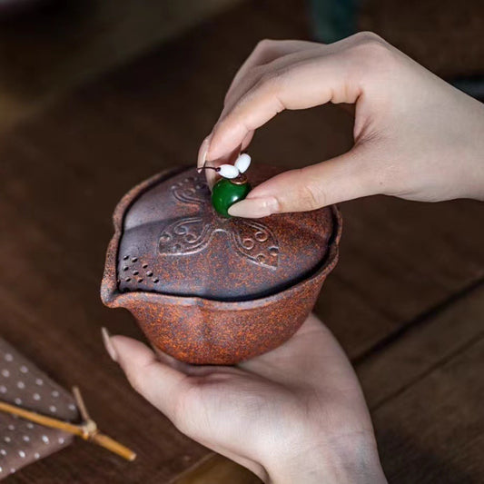 宜兴紫砂手抓壶龙骨金砂盖碗180CC复古手工茶具套装创意茶具一体莲蓬