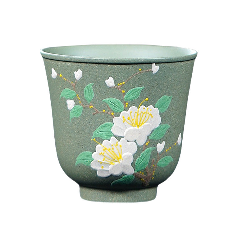 壶芝宴宜兴紫砂主人杯茶杯手工堆绘白牡丹紫砂杯品茗杯功夫茶具