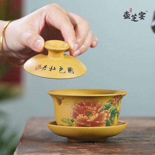 宜兴原矿手工段泥170CC牡丹图盖碗茶壶茶具杯子大容量品茗杯