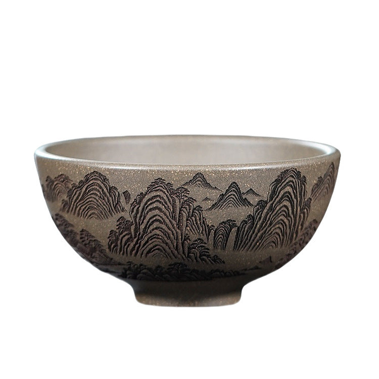 壶芝宴宜兴紫砂主人杯品茗杯江南水乡刻绘宜兴纯全手工紫砂茶杯