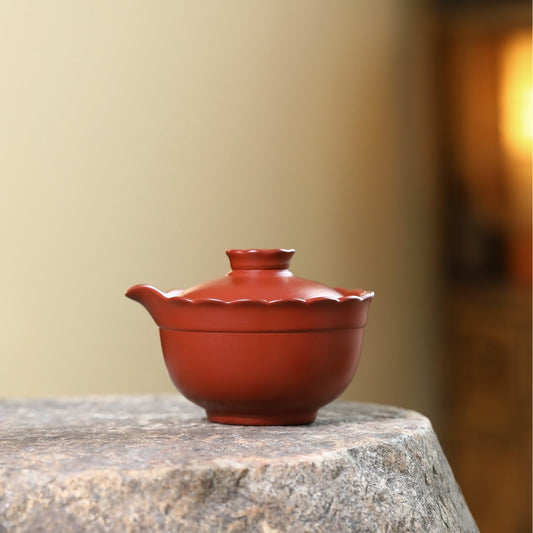 宜兴紫砂原矿朱泥大红袍菱花盖碗茶具家居实用品茶精工批发170cc