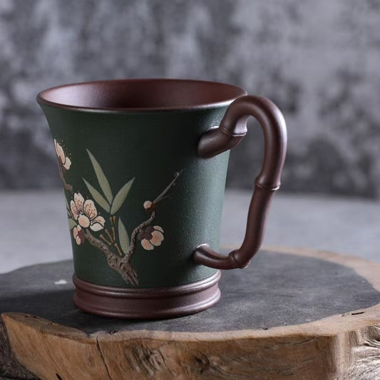 宜兴紫砂茶杯品茗杯客杯 梅霞款 竹节粉浆手绘桃花