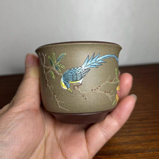 宜兴紫砂杯堆绘喜鹊梅花喜上眉梢紫泥双色粉浆蟹壳青小口杯80毫升