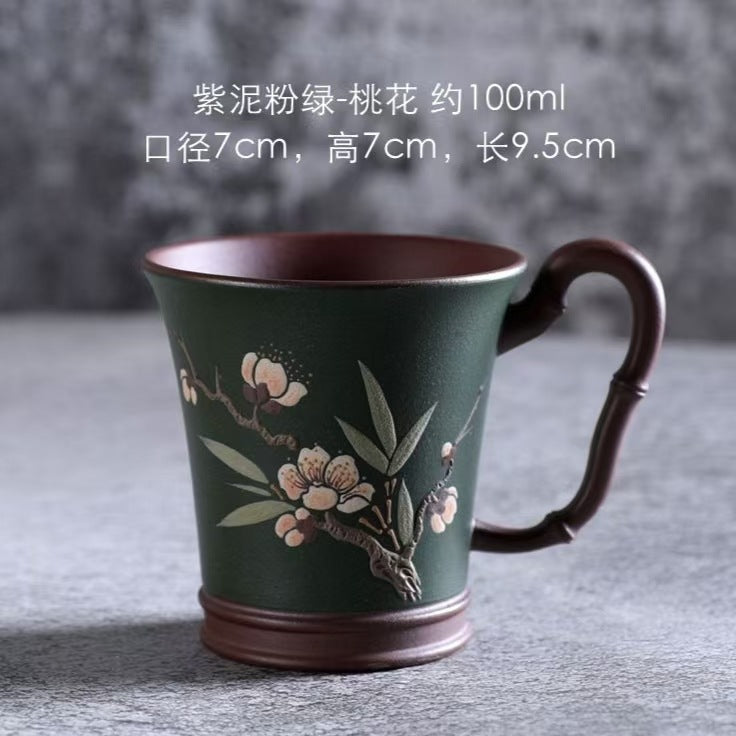 宜兴紫砂茶杯品茗杯客杯 梅霞款 竹节粉浆手绘桃花