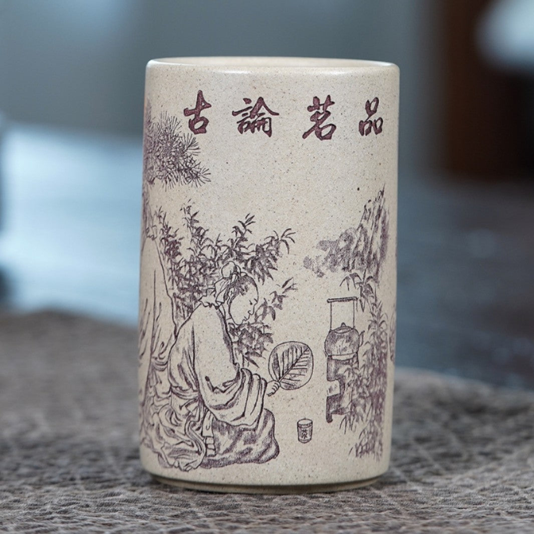 壶芝宴宜兴紫砂杯手工泥绘刻绘品茗杯山水主人杯原矿白玉段泥