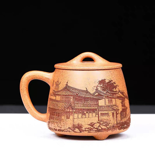 紫砂茶杯手工刻绘江南水乡石瓢精品带盖紫砂水杯 580毫升大容量