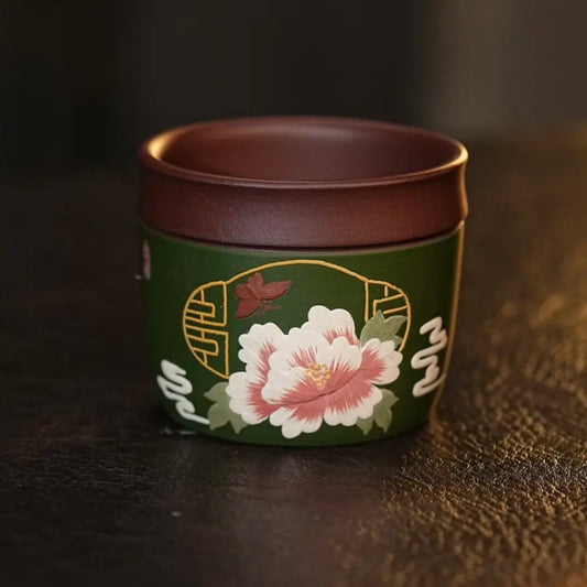 宜兴紫砂手工堆绘蝶恋花直筒主人杯原矿高纯度石红茶杯150毫升