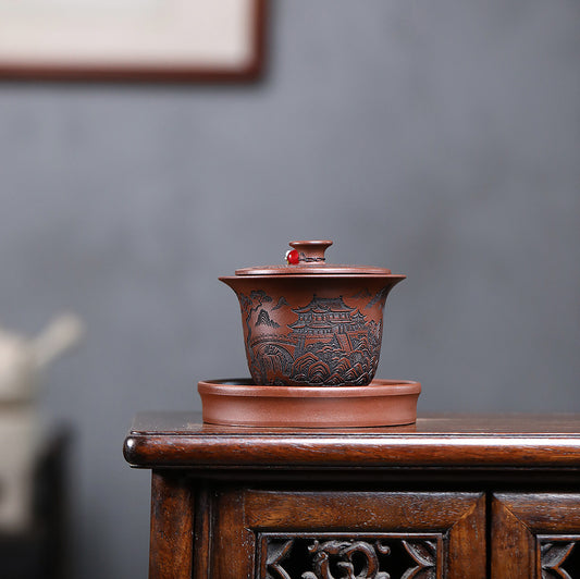 宜兴紫砂原矿底槽清200CC观山三才盖碗泡茶壶家用功夫茶具