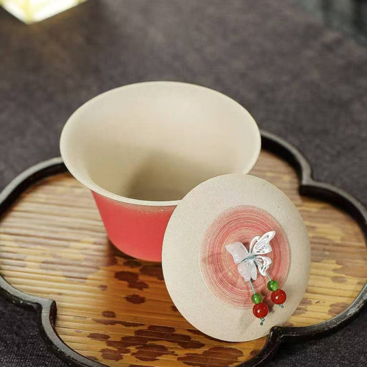 宜兴原矿紫砂盖碗蝶恋花100CC 见山盖碗 创意手工作品两才盖碗功夫茶具