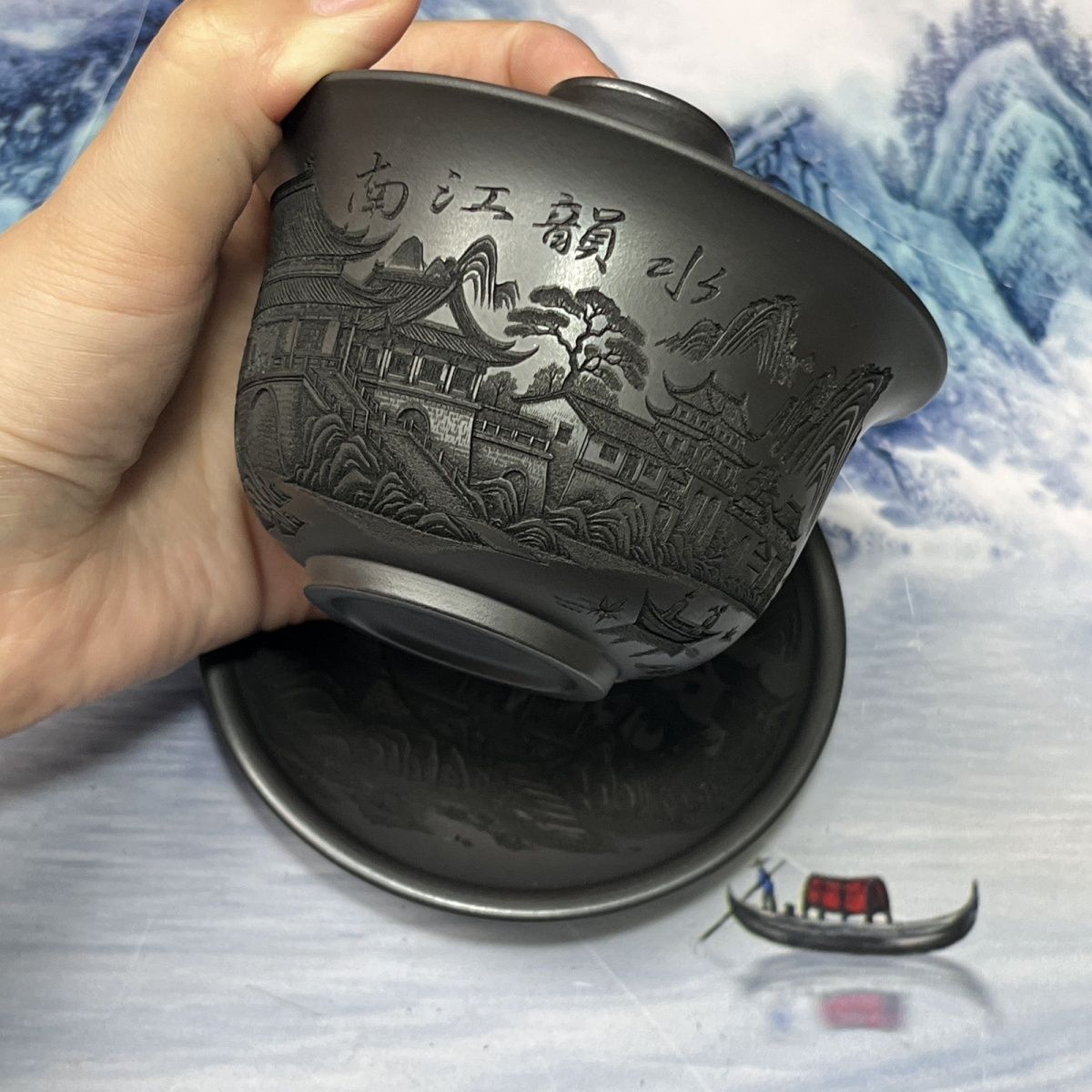三才盖碗纯手工浮雕刻绘烟雨入江南石黄盖碗江南水乡房屋200毫升