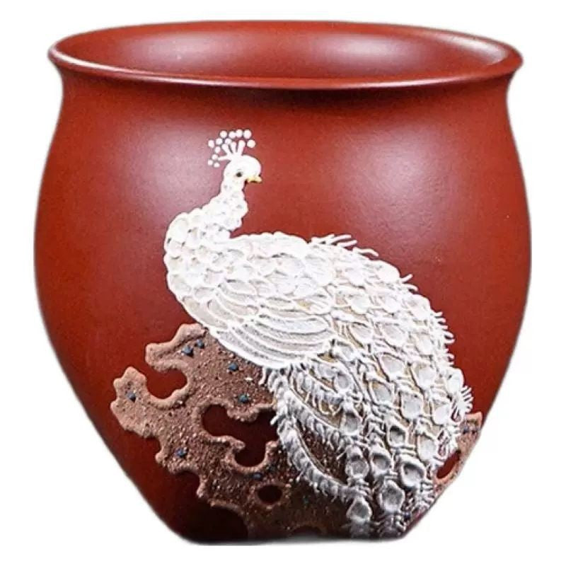 宜兴紫砂原矿大红袍天圆地方全手工堆绘孔雀功夫茶具个人品茗杯