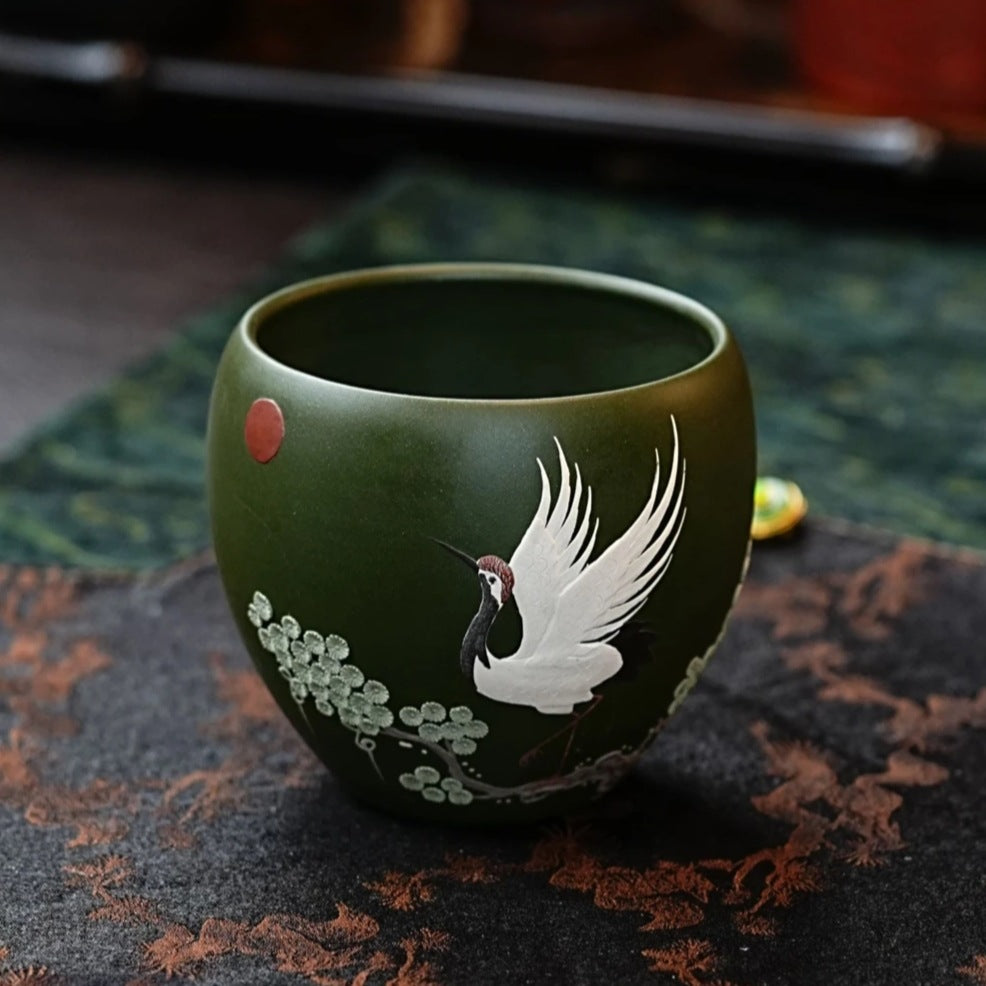 宜兴原矿紫砂绿泥全手工泥绘鹤主人杯大龙蛋紫砂杯 200毫升 茶杯