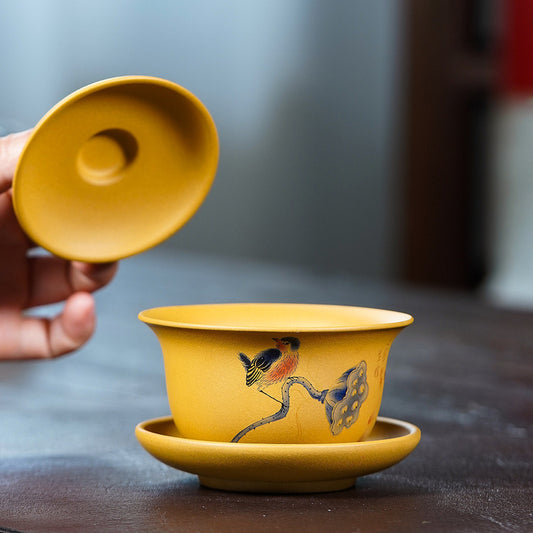 宜兴紫砂鸟趣盖碗180CC悬停盖碗功夫茶具莲蓬泡茶碗家用手工