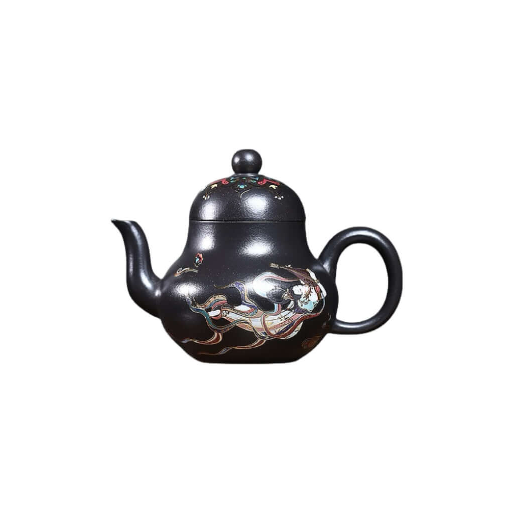 Handmade Yixing purple sand teapot in black with intricate designs, perfect for kung fu tea sets. Original craftsmanship.