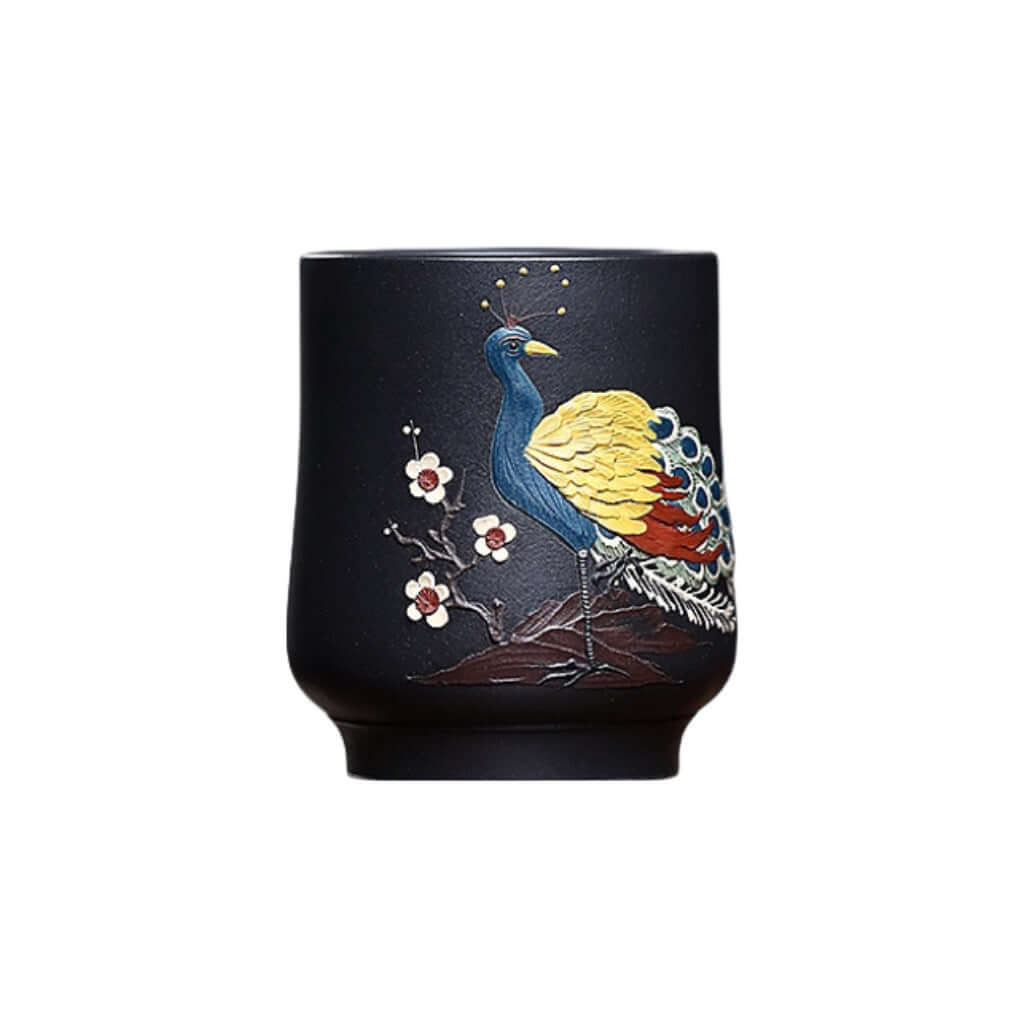 Handmade Yixing purple sand cup with peacock design, ideal for kung fu tea sets, showcasing original craftsmanship.
