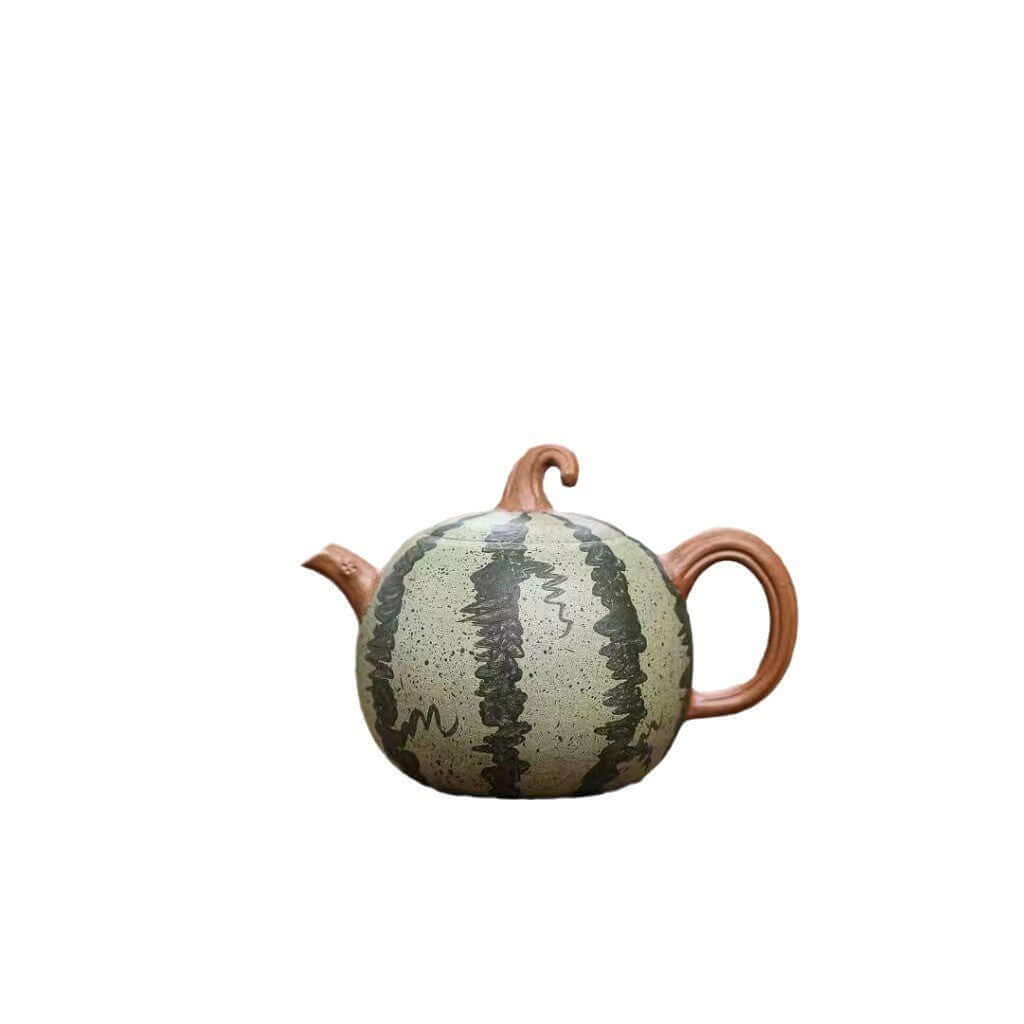 Handmade Yixing purple sand teapot in a unique watermelon shape, crafted from original Duan mud for a distinct household tea set.