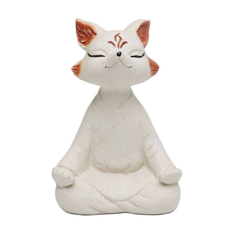 Handmade Yixing purple sand fox sculpture, small tea pet ornament, perfect for tea table decor and Zen style.