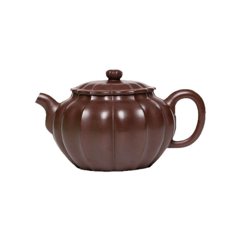 Handmade Yixing purple sand teapot with elegant pumpkin shape, crafted by skilled artisans from original purple sand.