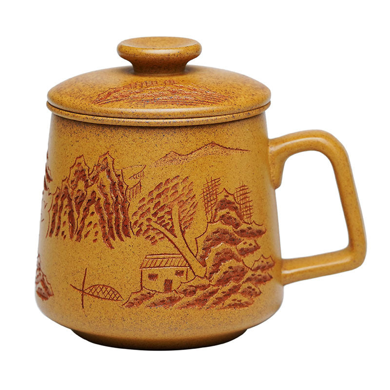 Handmade Yixing purple sand teapot with lid, featuring mountain view design, perfect for high-end tea experiences.