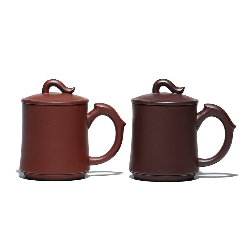 Handmade Yixing purple sand cover cups in red and dark brown, showcasing elegant design and craftsmanship.