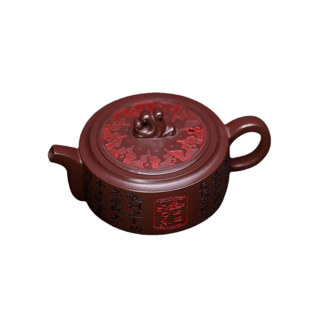 Handmade Yixing purple sand teapot with red Zhou plate design, crafted by Yixing artisans for kung fu tea set.