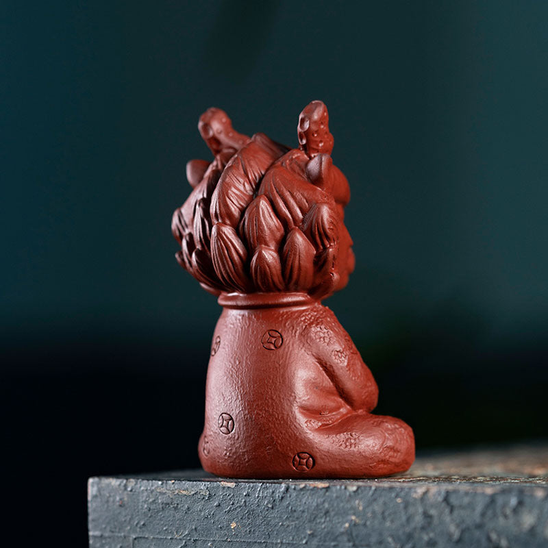 Handmade Yixing purple sand tea pet, cute little dragon man ornament for tea set, unique gift for tea lovers.