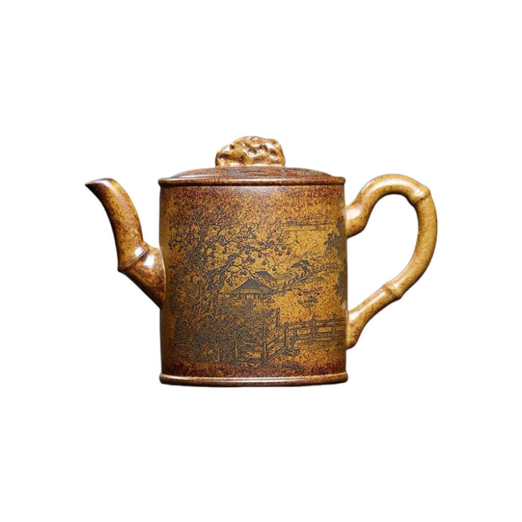 Handmade Yixing purple sand teapot, featuring intricate bamboo and landscape design for kung fu tea set.