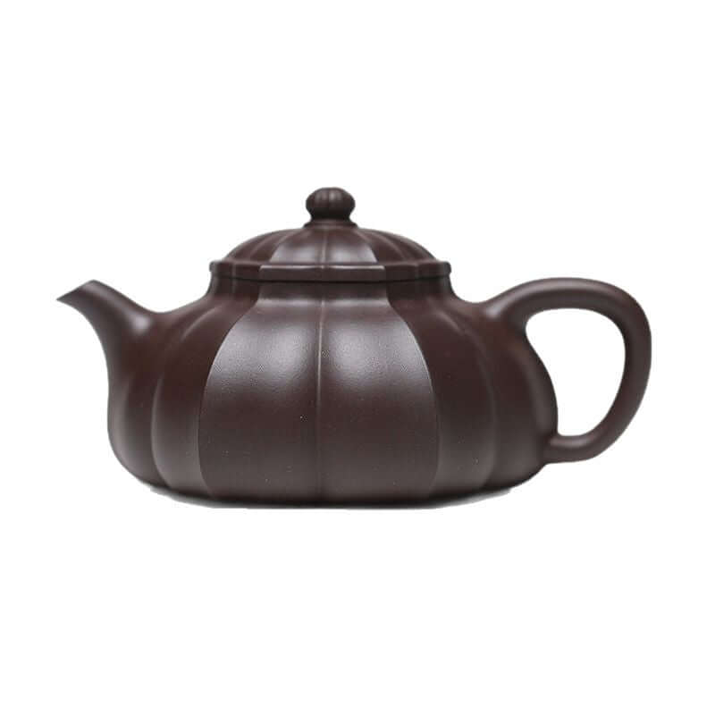 Handmade Yixing purple sand teapot, stylish half-moon design, crafted from original purple sand for tea brewing.