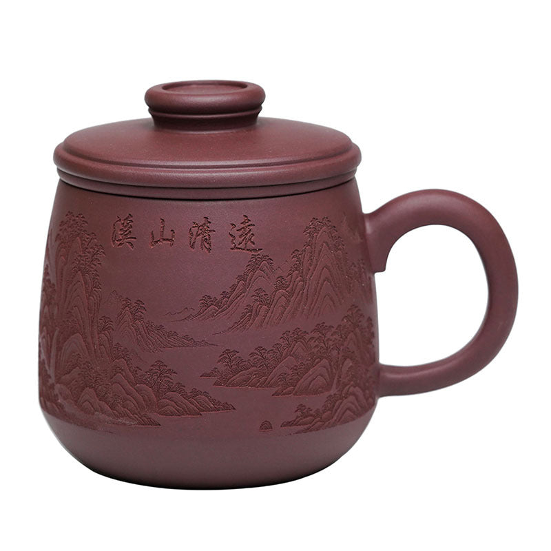 Handmade Yixing purple sand cup with filter liner, featuring intricate mountain design, perfect for tea in the office.