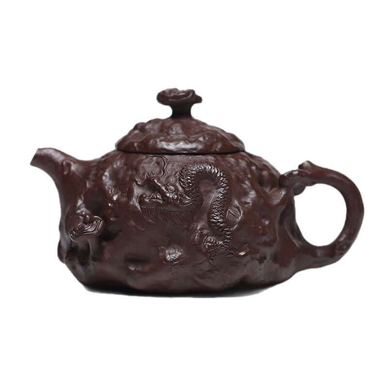 Handmade Yixing purple sand teapot with intricate dragon design, perfect for high-end tea set gifts.