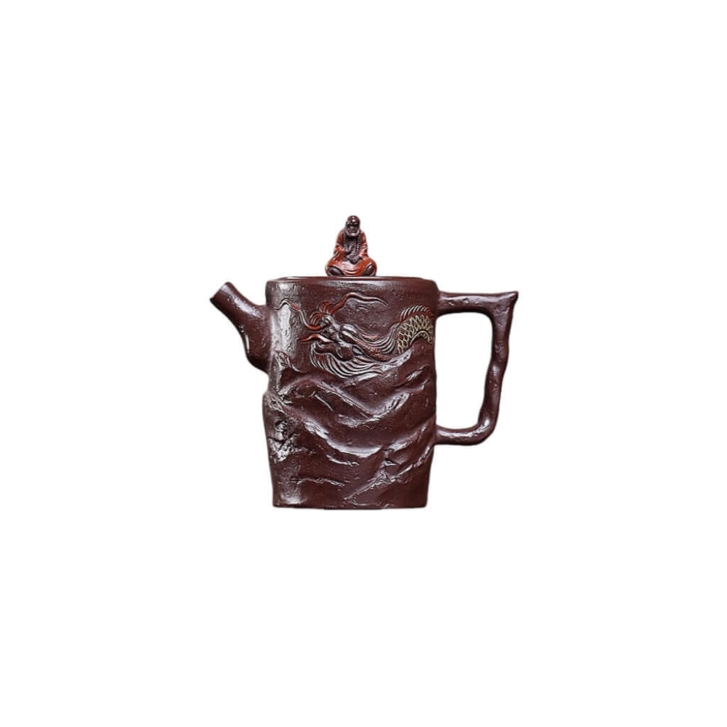 Handmade Yixing purple sand teapot featuring intricate design and a Daruma figure, ideal for Kung Fu tea brewing.