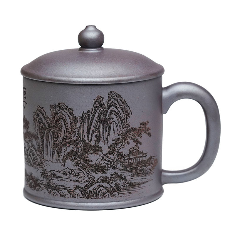 Handmade Yixing purple sand teacup with landscape design, 500ml capacity, perfect for office tea, handcrafted by Yixing artisans.