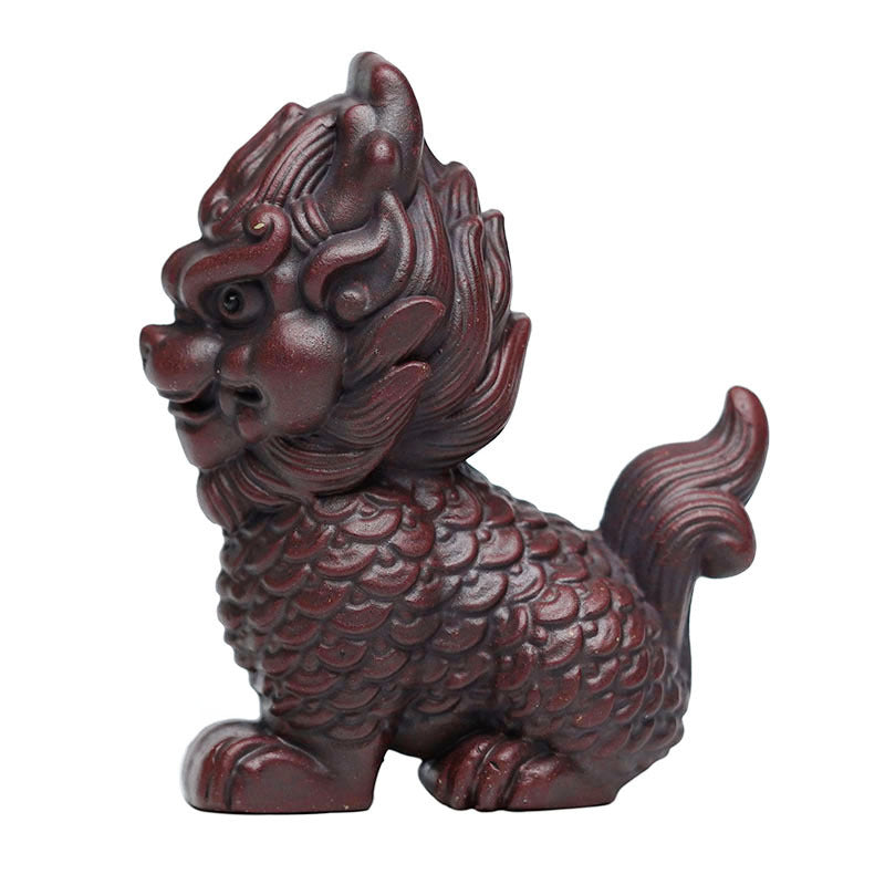 Handmade Yixing purple sand Kirin decoration for home and porch, original craft by Yixing artisans.