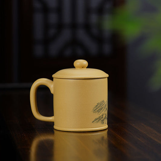 Handmade Yixing purple sand office cup with lid, beautifully engraved, showcasing original craftsmanship.