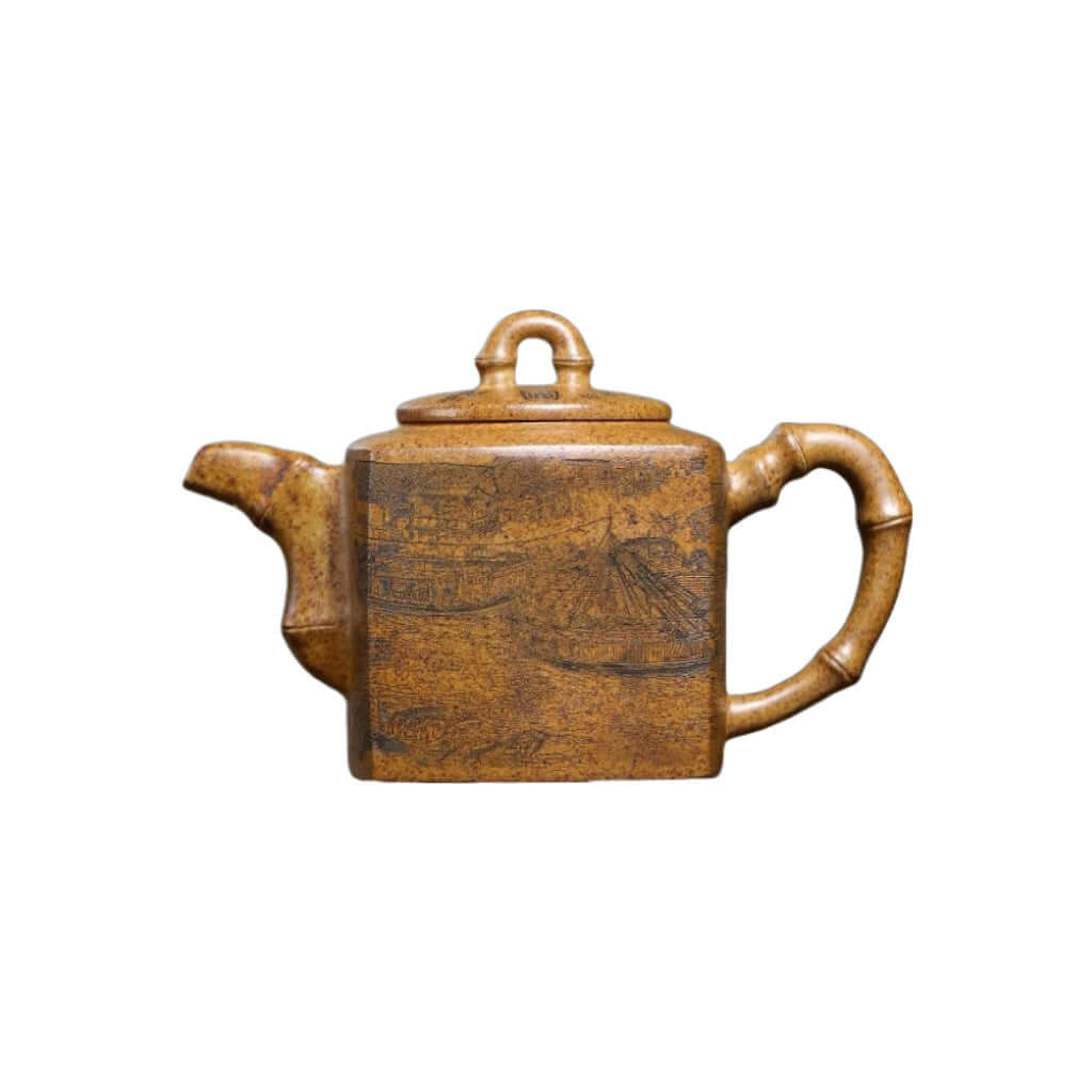 Handmade Yixing purple sand teapot, square bamboo design, crafted from raw ore gold sand, perfect for kung fu tea.