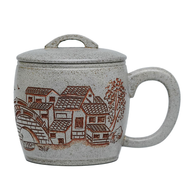 Handmade Yixing purple sand teapot with traditional Jiangnan village design in earthy tones, perfect for tea enthusiasts.