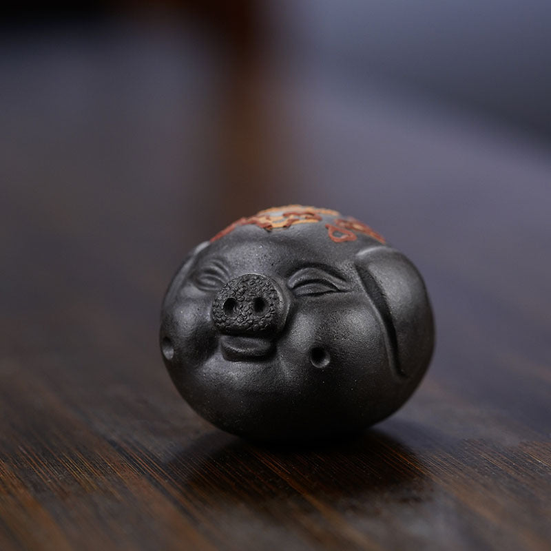 Handmade Yixing purple sand pig Bajie sculpture, perfect for tea table decoration and tea play, original craft by skilled artisan.