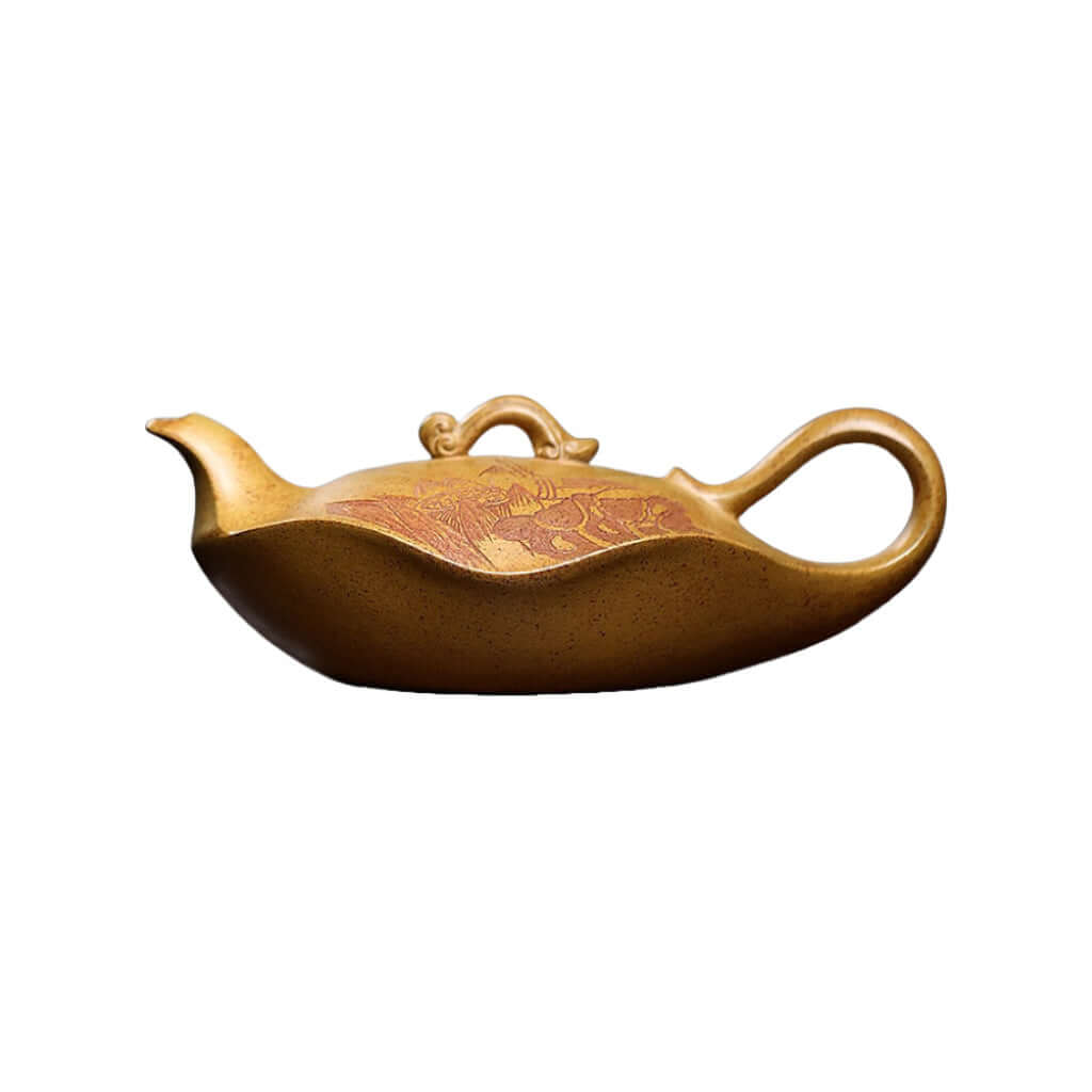 Handmade Yixing purple sand teapot with intricate design, crafted by Yixing artisans, perfect for Kung Fu tea ceremonies.