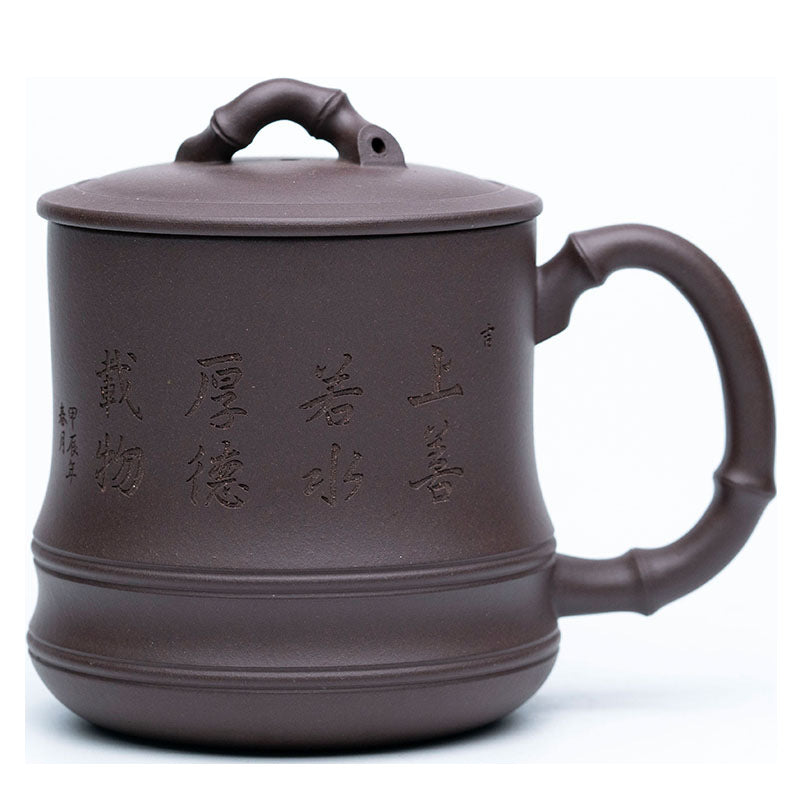 Handmade Yixing purple sand cup with bamboo design, authentic craftsmanship, large size for tea, ideal for wholesale buyers.
